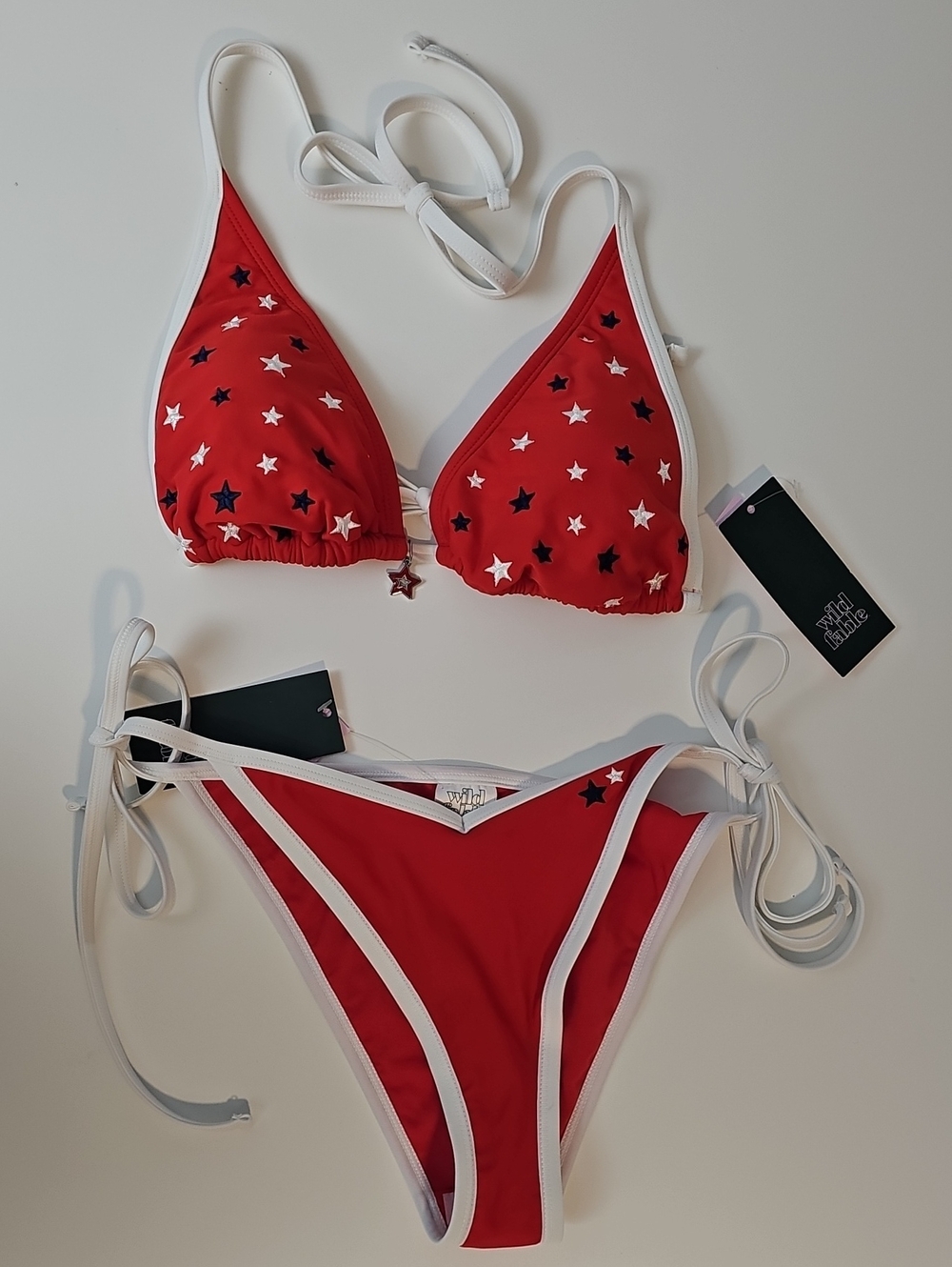 Wild Fable Women's M Embroidered Star-Accent Red Bikini Set with White Trim